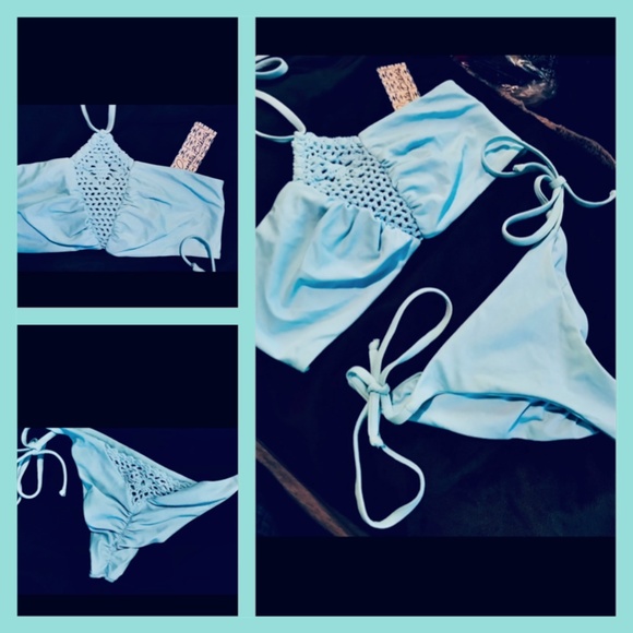 Frankies Bikinis Skimpy Ruched Crochet Two Piece Halter Brazilian Blue Harlow - Picture 5 of 10
